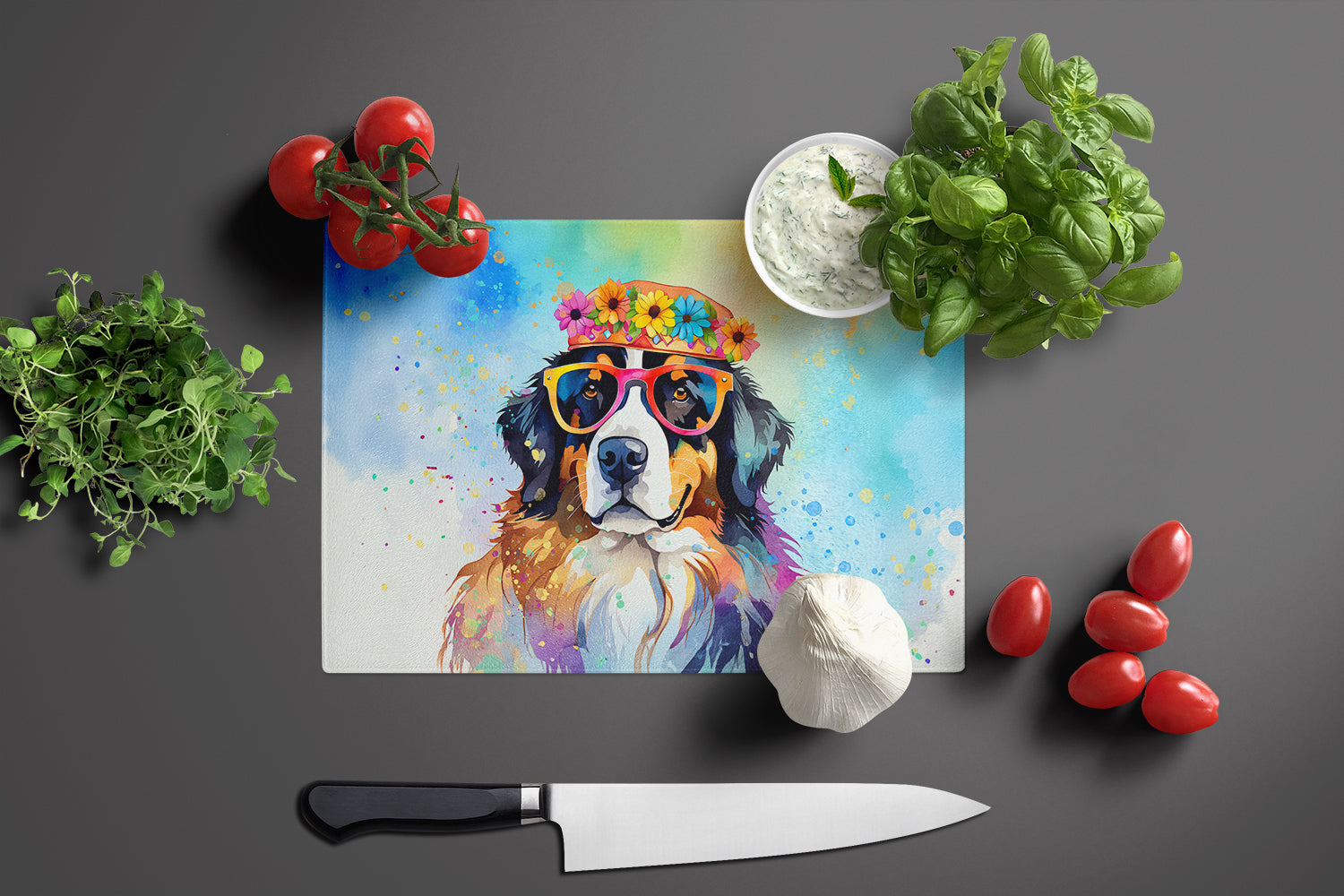 Bernese Mountain Dog Hippie Dawg Cutting Board Tempered Glass Kitchen Cutting Surface, Heat Resistant Chopping, Non-Slip Feet, Food Prep & Serving