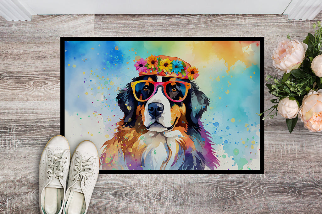 Bernese Mountain Dog Hippie Dawg Doormat Indoor Outdoor 18H X 27W Front Door Mat Rugs for Entryway, Non Slip Washable