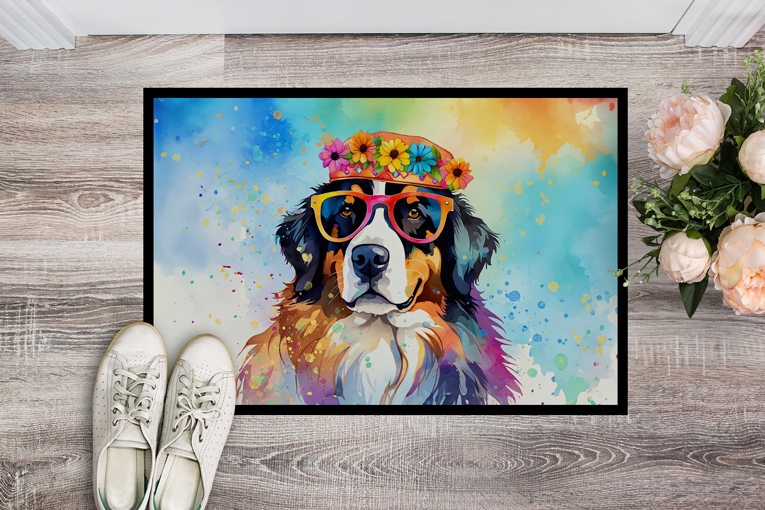 Bernese Mountain Dog Hippie Dawg Doormat Indoor Outdoor 18H X 27W Front Door Mat Rugs for Entryway, Non Slip Washable
