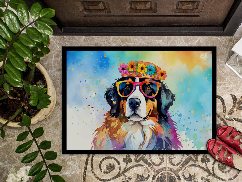 Bernese Mountain Dog Hippie Dawg Doormat Indoor Outdoor 18H X 27W Front Door Mat Rugs for Entryway, Non Slip Washable