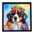 Bernese Mountain Dog Hippie Dawg Framed Metal Print Bathroom, Kitchen, Office, Home Decor Wall Art Ready to Hang, Square, 8X8