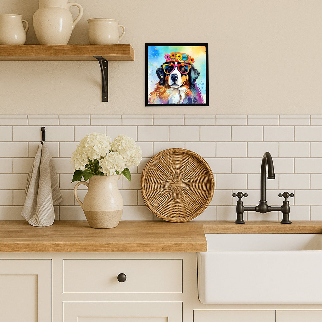 Bernese Mountain Dog Hippie Dawg Framed Metal Print Bathroom, Kitchen, Office, Home Decor Wall Art Ready to Hang, Square, 8X8