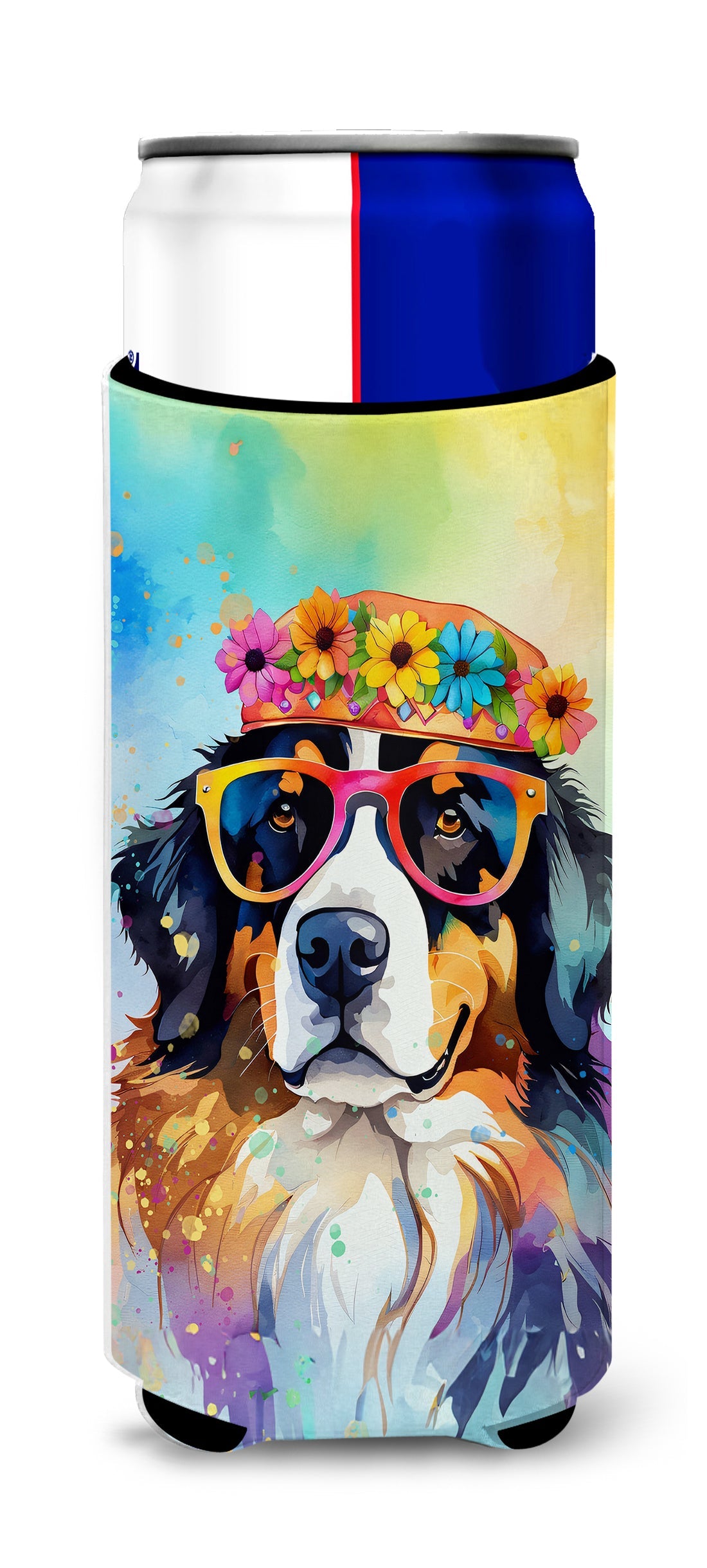 Bernese Mountain Dog Hippie Dawg Slim Can Hugger , Insulated Foam Hugger for 12 oz Slim Cans, Beer Bottles & Water Bottles, Printed in USA