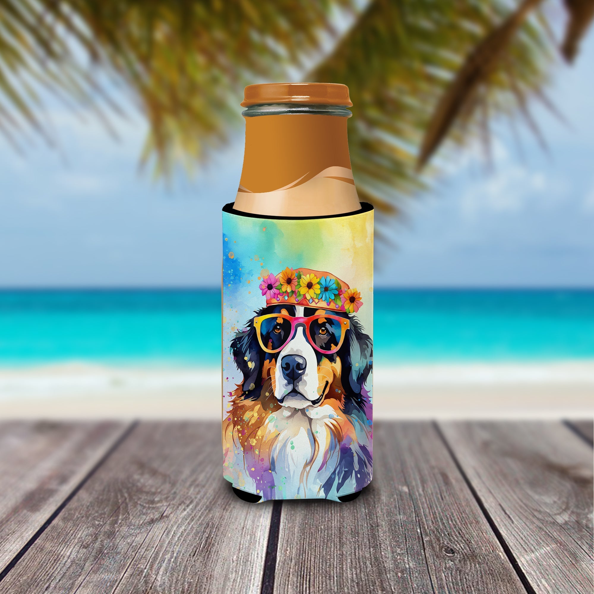 Bernese Mountain Dog Hippie Dawg Slim Can Hugger , Insulated Foam Hugger for 12 oz Slim Cans, Beer Bottles & Water Bottles, Printed in USA