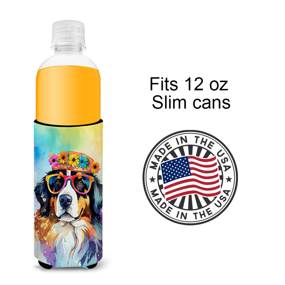Bernese Mountain Dog Hippie Dawg Slim Can Hugger , Insulated Foam Hugger for 12 oz Slim Cans, Beer Bottles & Water Bottles, Printed in USA