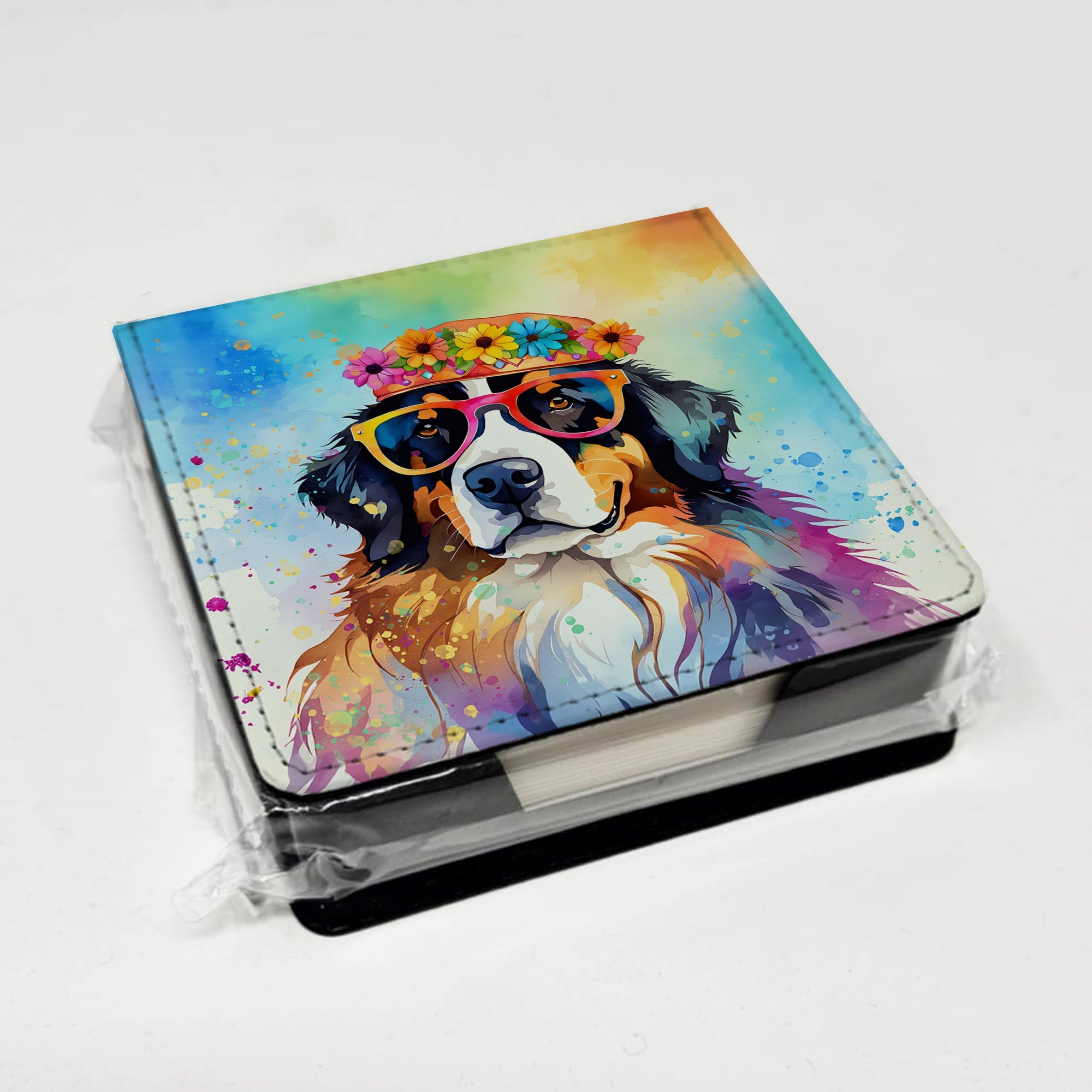 Bernese Mountain Dog Hippie Dawg PU Leather Note Paper Holder with Artist-Designed Cover, Desk Accessory, Office Gift