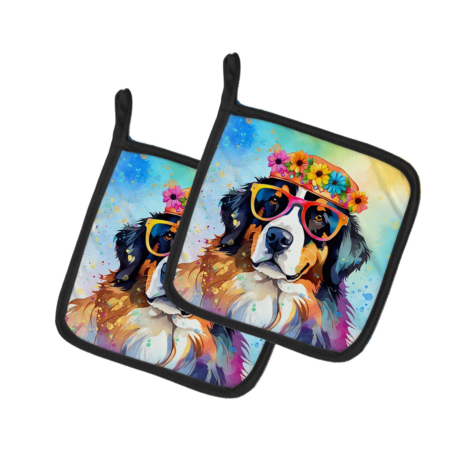 Bernese Mountain Dog Hippie Dawg Pot Holder Set of 2 Heat Resistant Quilted Hot Pads 7.5 x 7.5 Inch, Insulated Kitchen Trivets for Cooking & Baking