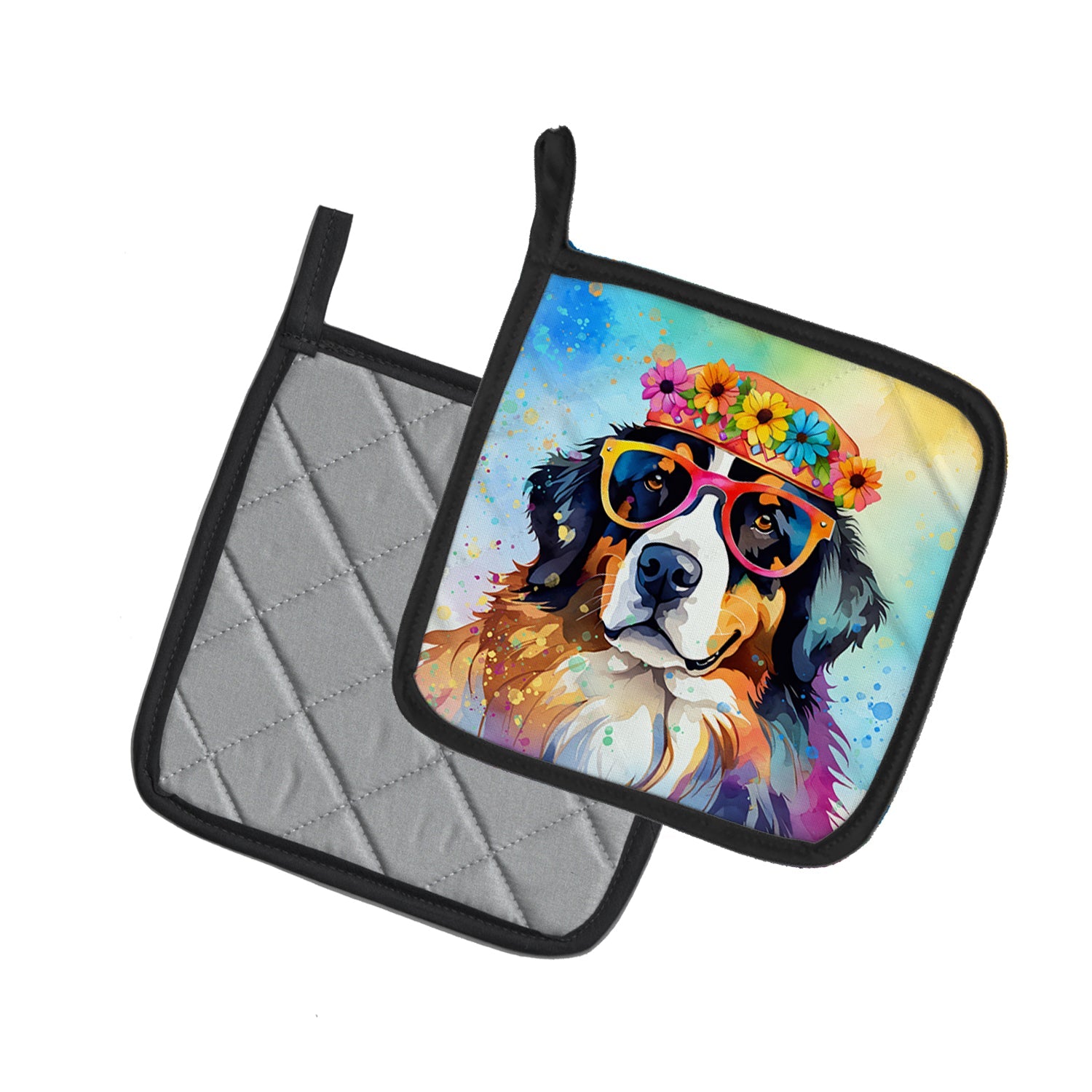 Bernese Mountain Dog Hippie Dawg Pot Holder Set of 2 Heat Resistant Quilted Hot Pads 7.5 x 7.5 Inch, Insulated Kitchen Trivets for Cooking & Baking