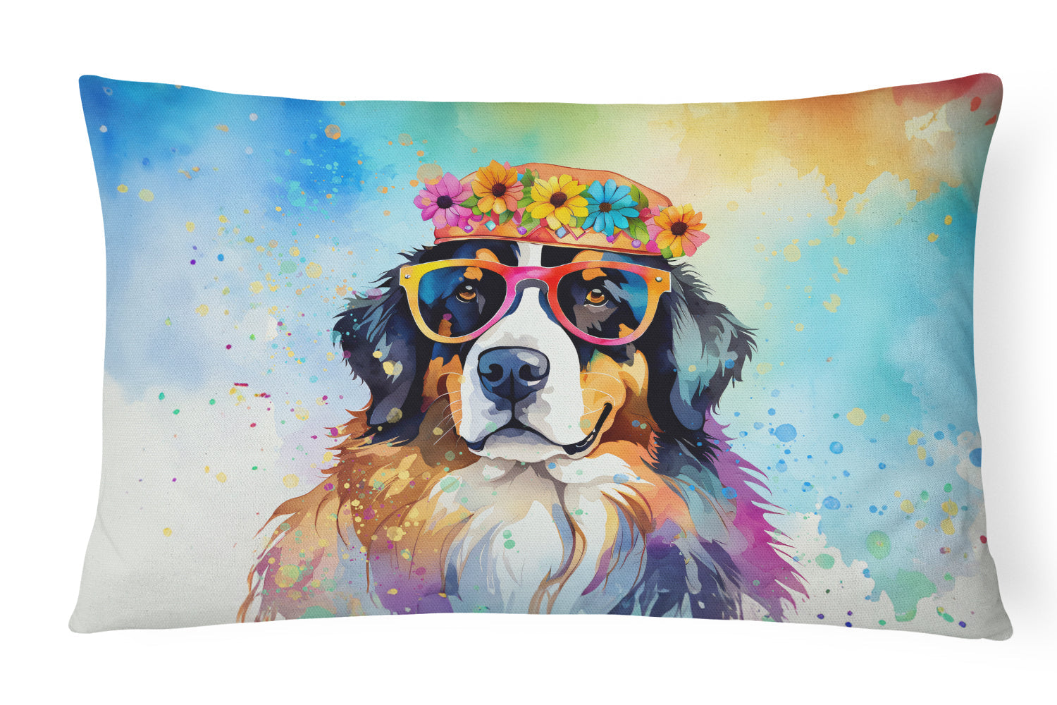 Bernese Mountain Dog Hippie Dawg Decorative Throw Pillow 12x16 Indoor Outdoor Accent Cushion, Fabric Cover with Insert for Sofa, Bed, Porch & Living Room