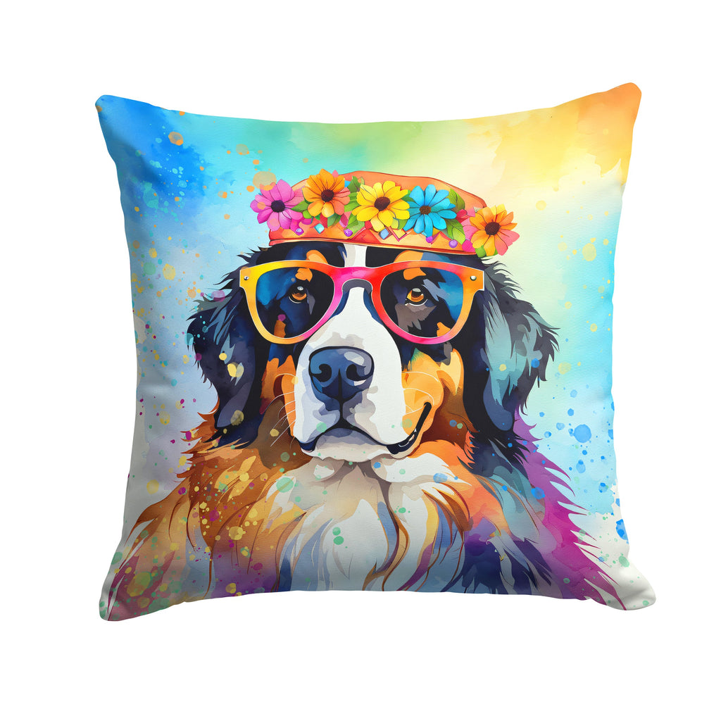 Bernese Mountain Dog Hippie Dawg Decorative Throw Pillow 14x14 Indoor Outdoor Accent Cushion, Fabric Cover with Insert for Sofa, Bed, Porch & Living Room
