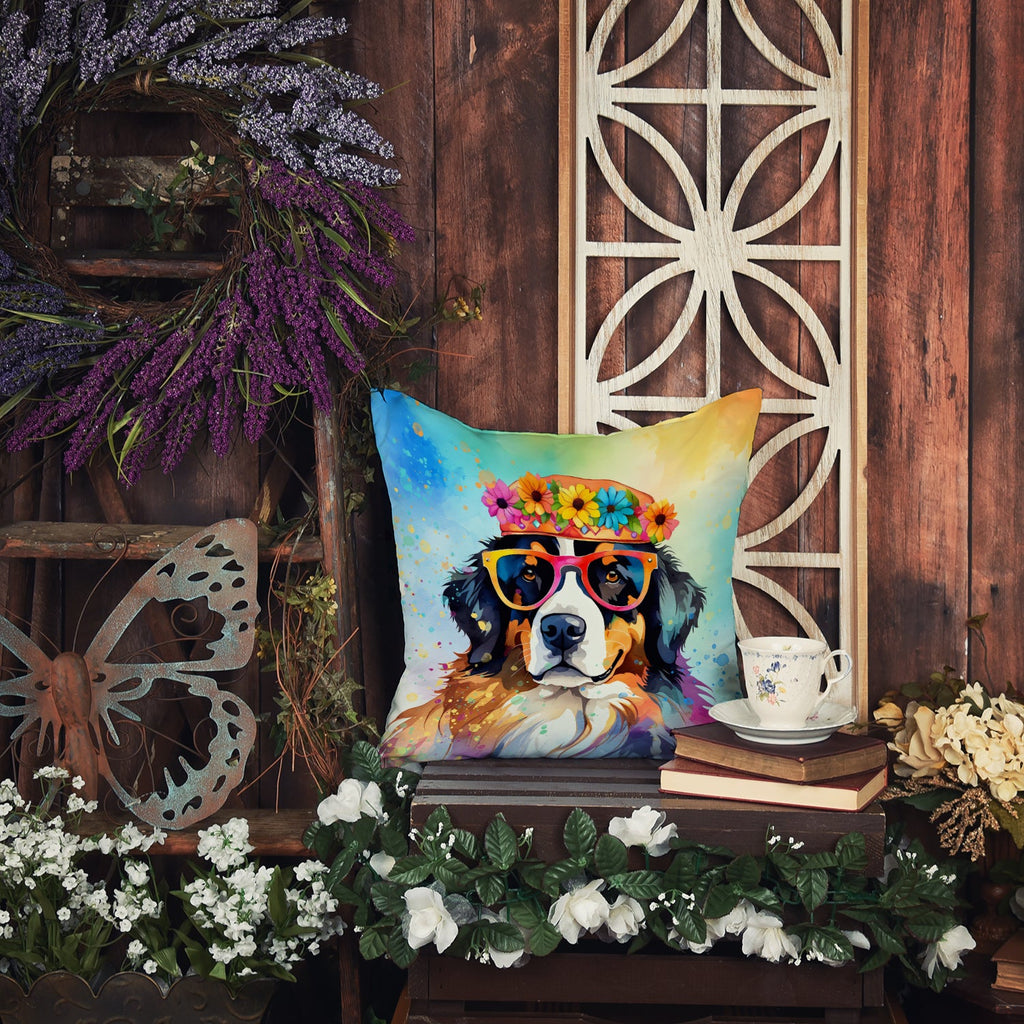 Bernese Mountain Dog Hippie Dawg Decorative Throw Pillow 14x14 Indoor Outdoor Accent Cushion, Fabric Cover with Insert for Sofa, Bed, Porch & Living Room