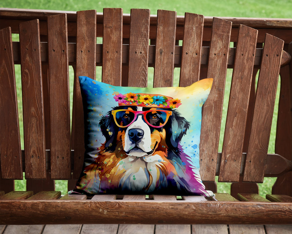 Bernese Mountain Dog Hippie Dawg Decorative Throw Pillow 14x14 Indoor Outdoor Accent Cushion, Fabric Cover with Insert for Sofa, Bed, Porch & Living Room