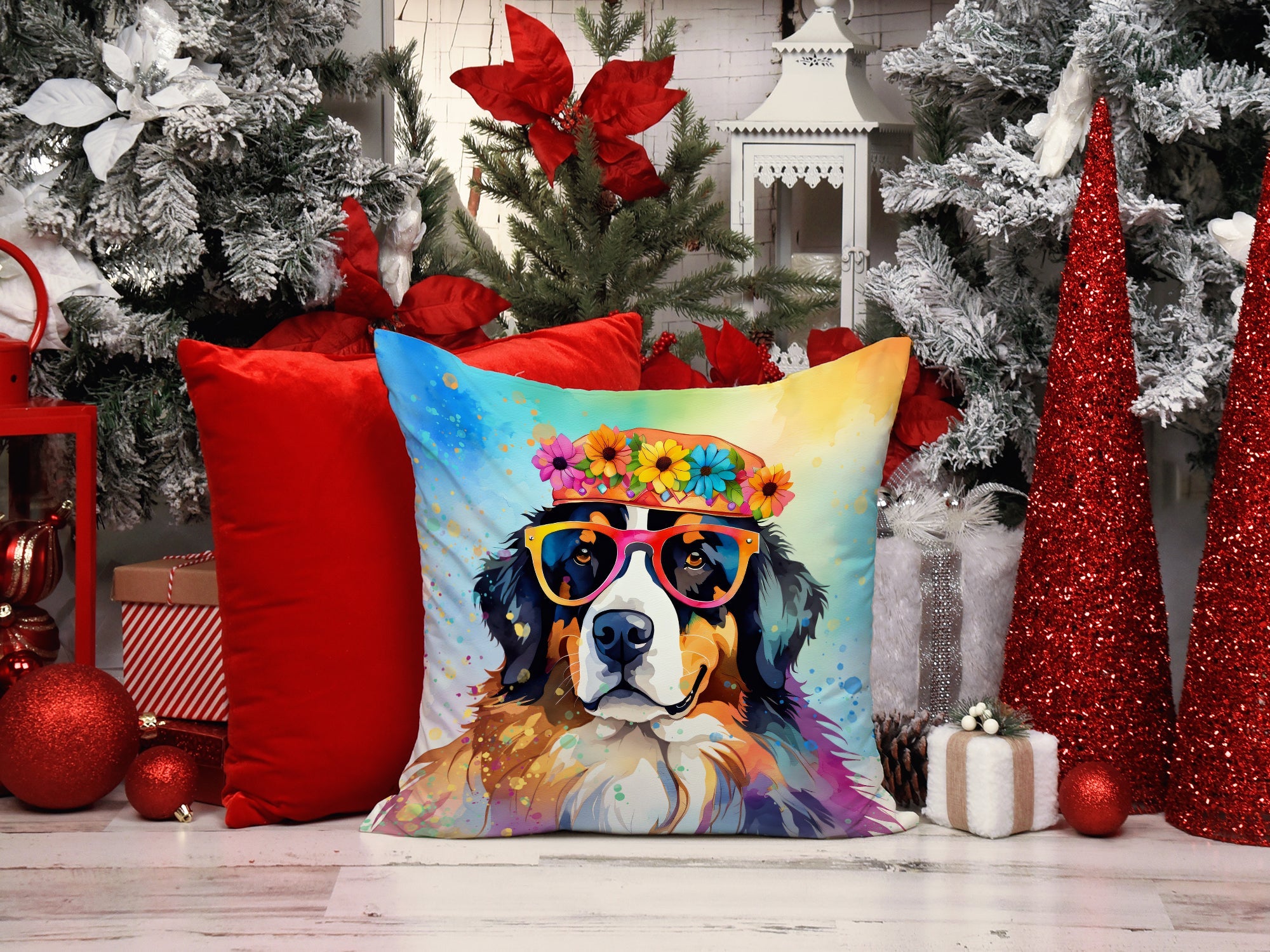 Bernese Mountain Dog Hippie Dawg Decorative Throw Pillow 18x18 Indoor Outdoor Accent Cushion, Fabric Cover with Insert for Sofa, Bed, Porch & Living Room