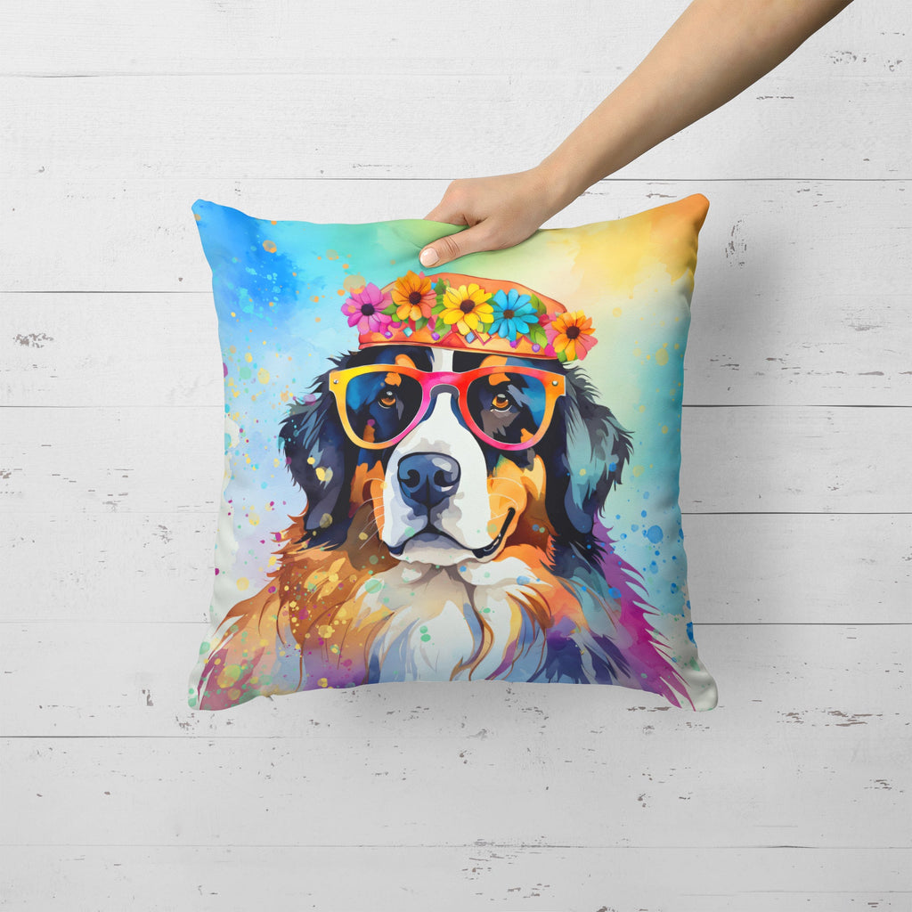 Bernese Mountain Dog Hippie Dawg Decorative Throw Pillow 18x18 Indoor Outdoor Accent Cushion, Fabric Cover with Insert for Sofa, Bed, Porch & Living Room