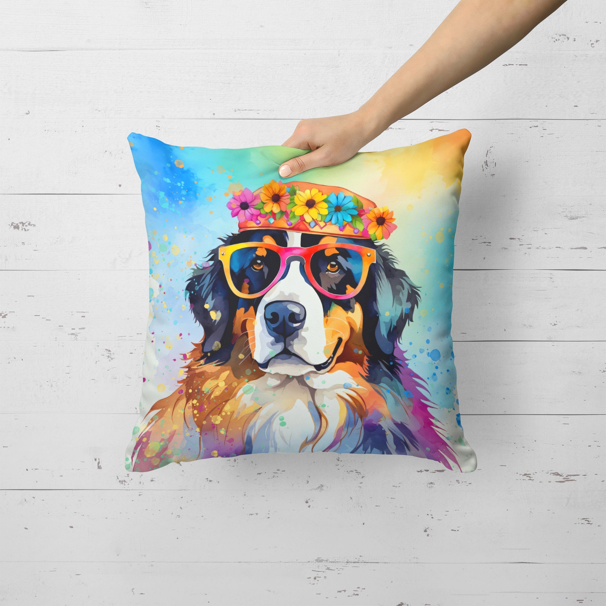 Bernese Mountain Dog Hippie Dawg Decorative Throw Pillow 18x18 Indoor Outdoor Accent Cushion, Fabric Cover with Insert for Sofa, Bed, Porch & Living Room