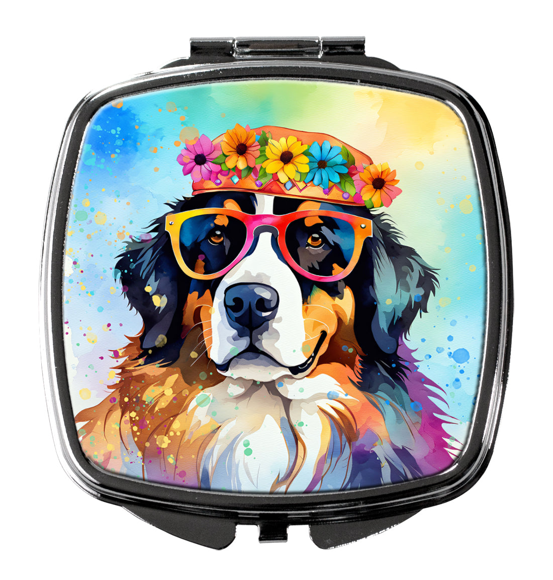 Bernese Mountain Dog Hippie Dawg Compact Mirror Decorative Travel Makeup Mirror for Women Girls Gifts Pocket Makeup Mirror Folding Handheld