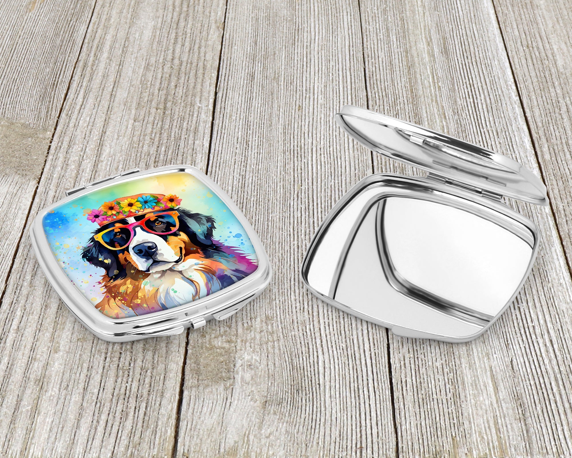 Bernese Mountain Dog Hippie Dawg Compact Mirror Decorative Travel Makeup Mirror for Women Girls Gifts Pocket Makeup Mirror Folding Handheld