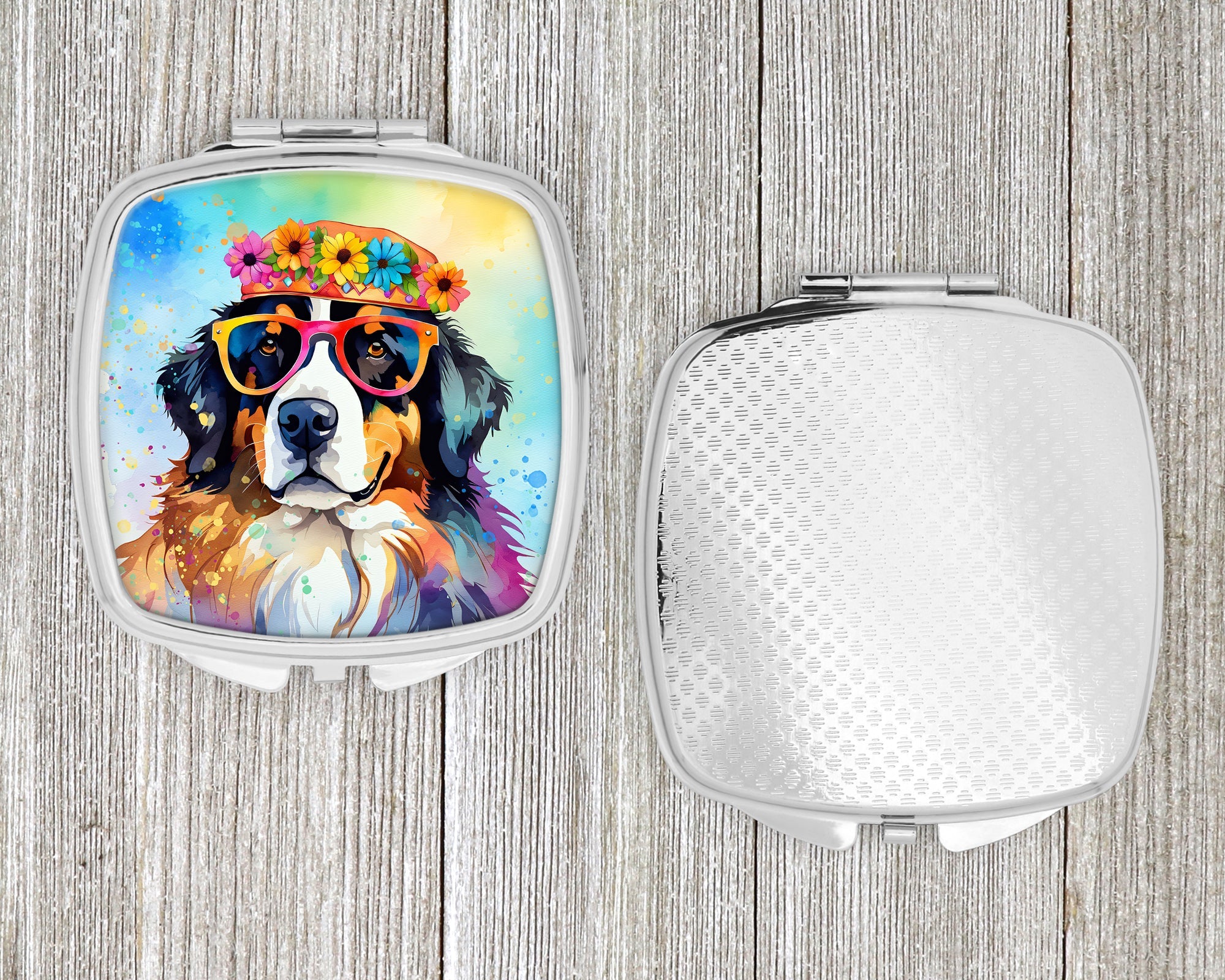 Bernese Mountain Dog Hippie Dawg Compact Mirror Decorative Travel Makeup Mirror for Women Girls Gifts Pocket Makeup Mirror Folding Handheld