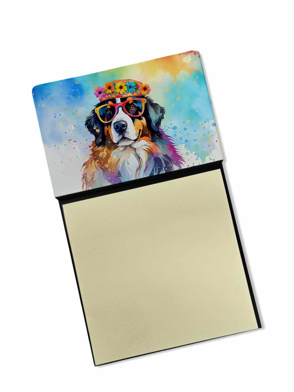 Bernese Mountain Dog Hippie Dawg Watercolor Sticky Note Holder Refillable Dispenser Desk Accessory 3x3 Pad Gift