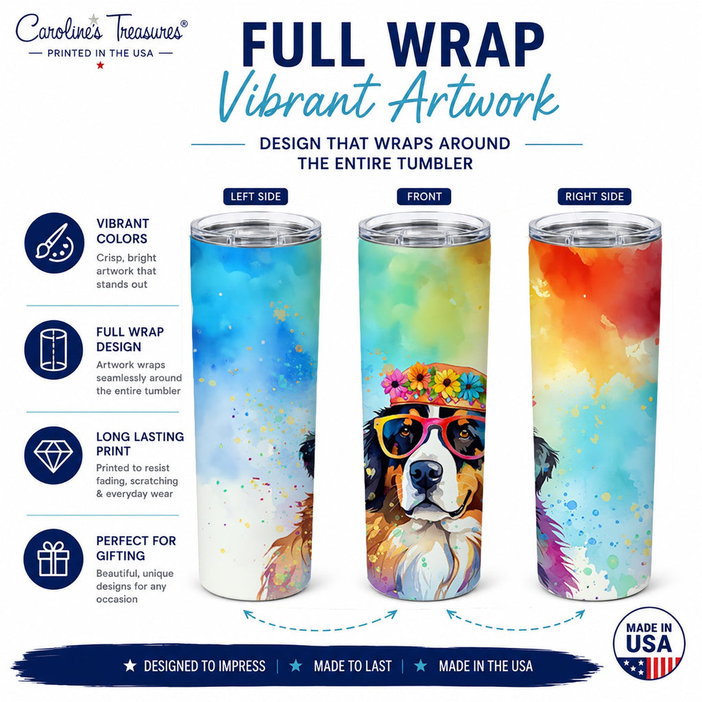 Bernese Mountain Dog Hippie Dawg Stainless Steel Skinny Tumbler 20 oz Vacuum Double Walled Reusable Insulated Travel Cup