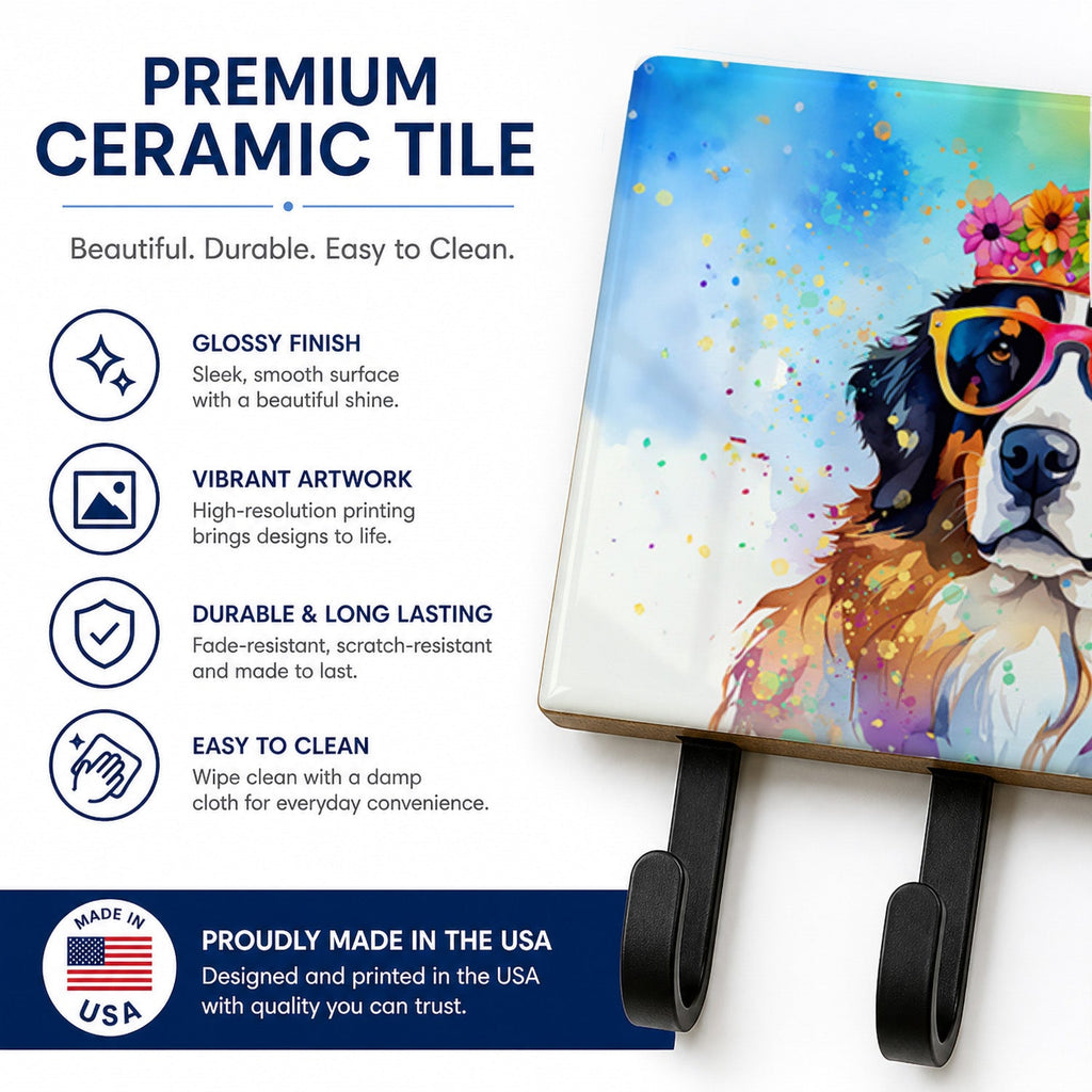 Bernese Mountain Dog Hippie Dawg Leash or Key Holder Wall Hooks, Coat Rack Wall Mount, for Hanging Keys, Towels, Aprons, Leashes