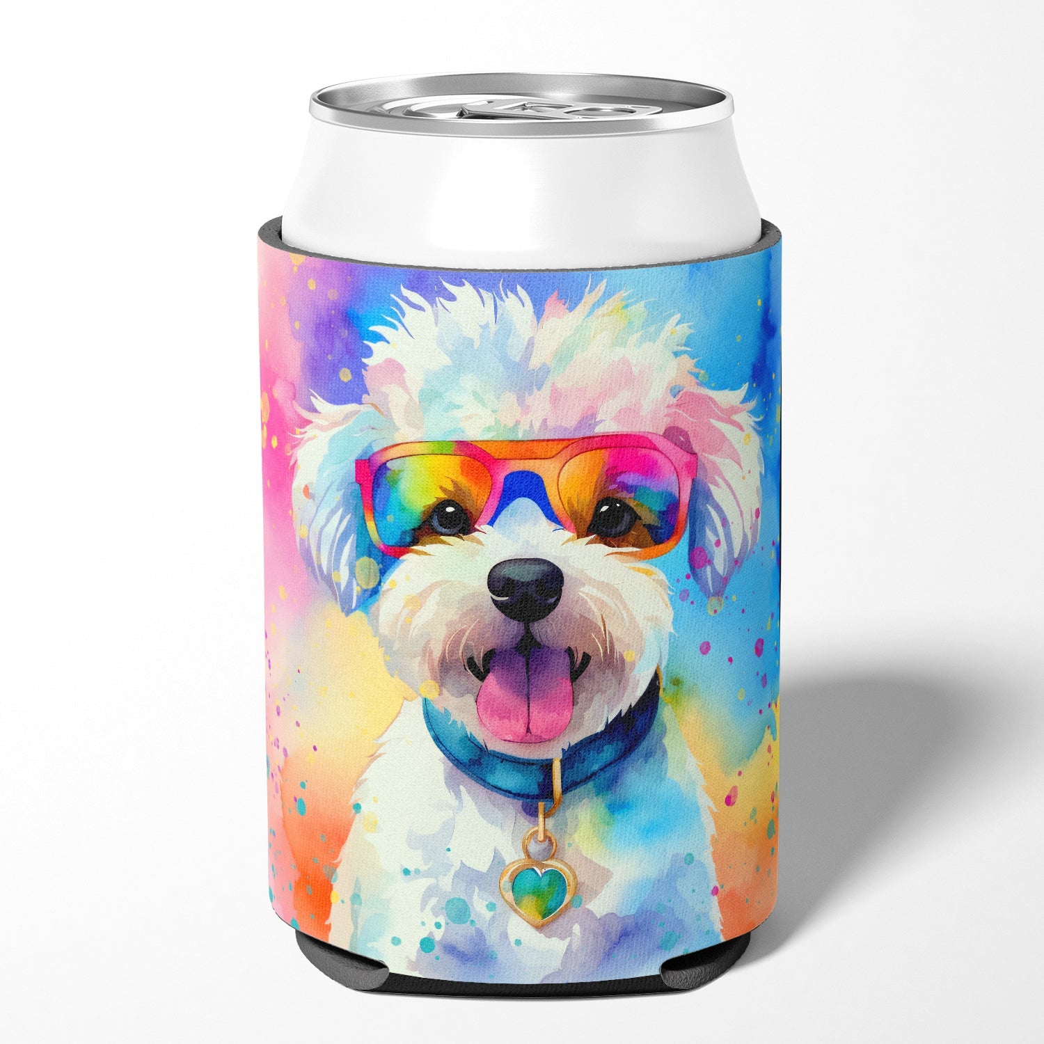 Bichon Frise Hippie Dawg Can or Bottle Hugger Cooler Sleeve for Standard 12 oz Cans, Insulated Foam Beer & Soda Can Hugger Reusable