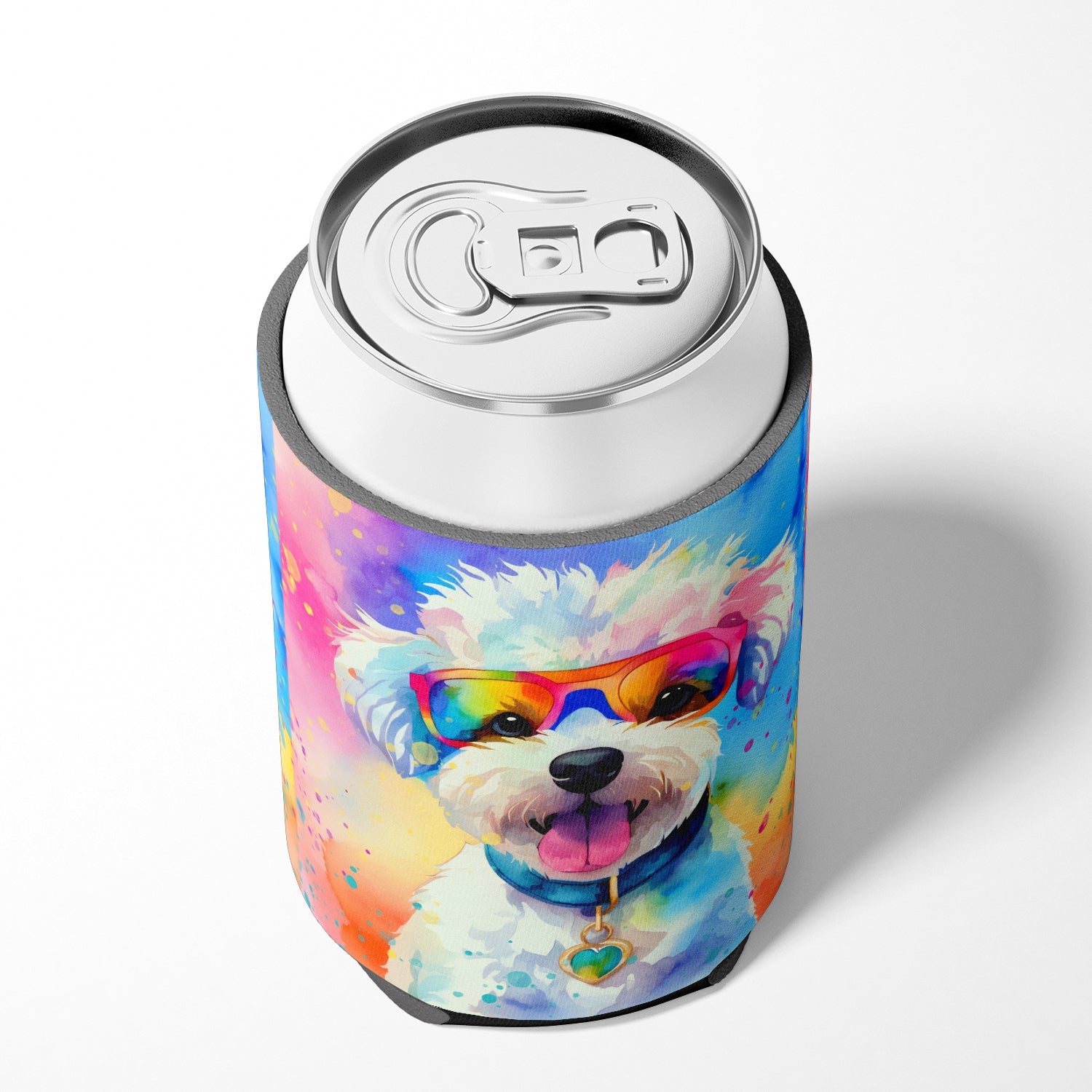 Bichon Frise Hippie Dawg Can or Bottle Hugger Cooler Sleeve for Standard 12 oz Cans, Insulated Foam Beer & Soda Can Hugger Reusable
