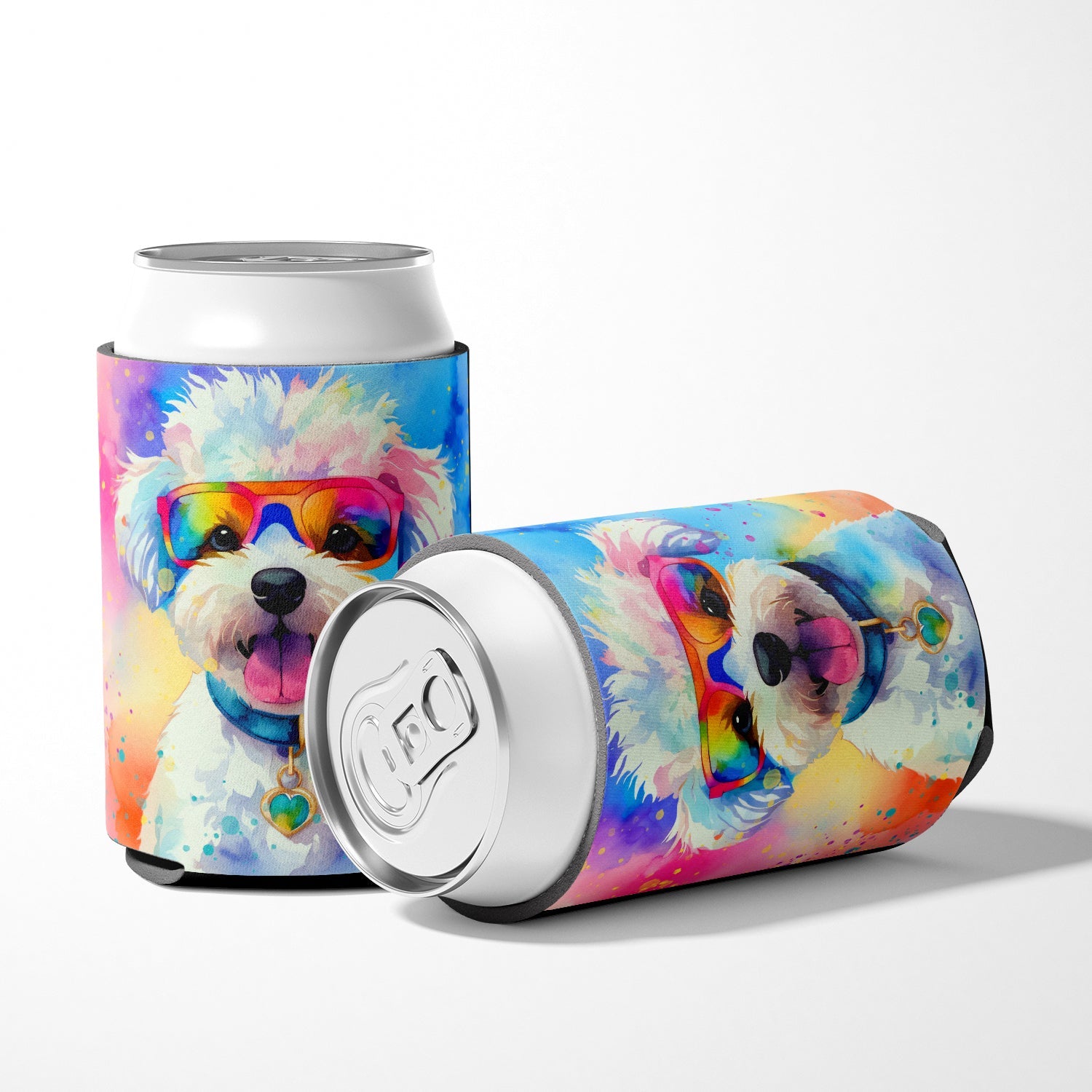 Bichon Frise Hippie Dawg Can or Bottle Hugger Cooler Sleeve for Standard 12 oz Cans, Insulated Foam Beer & Soda Can Hugger Reusable
