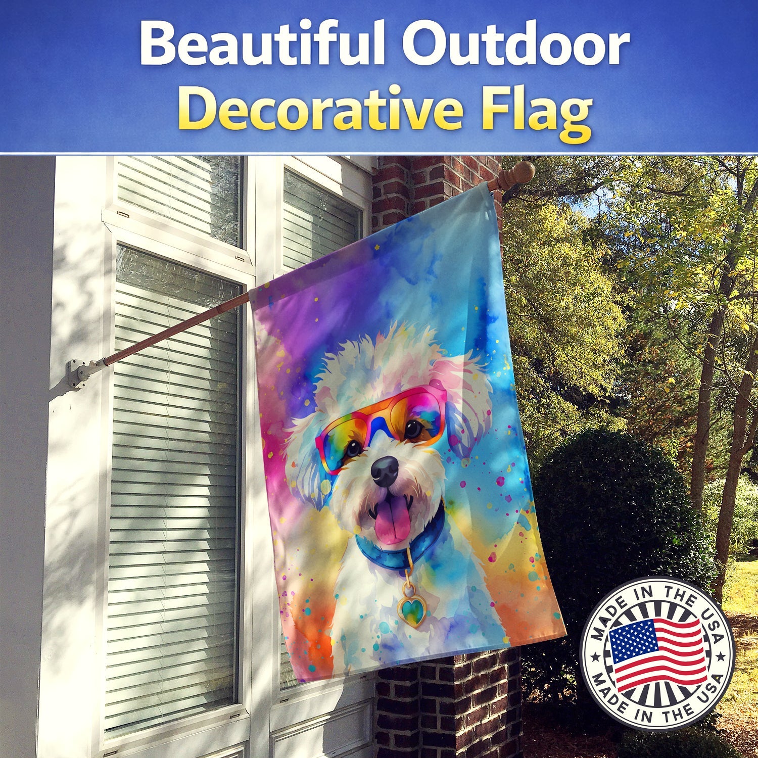 Bichon Frise Hippie Dawg House Flag 28x40 Porch Sleeve Pole Decorative Outside Yard Banner Artwork Wall Hanging, Polyester