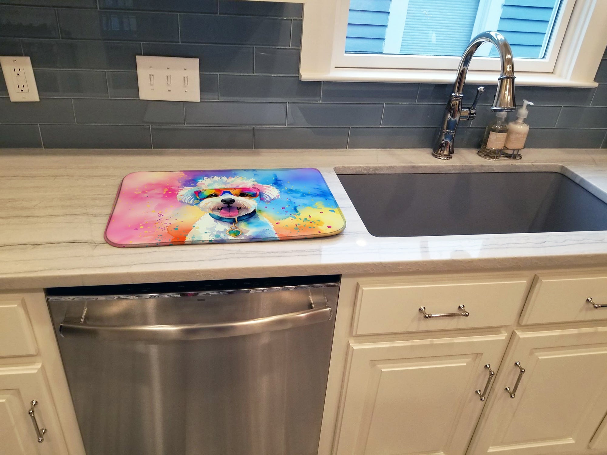 Bichon Frise Hippie Dawg Dish Drying Mat Absorbent Dish Drying Mat Pad for Kitchen Counter Dish Drainer Mat for Countertop, 14 x 21", Multicolor
