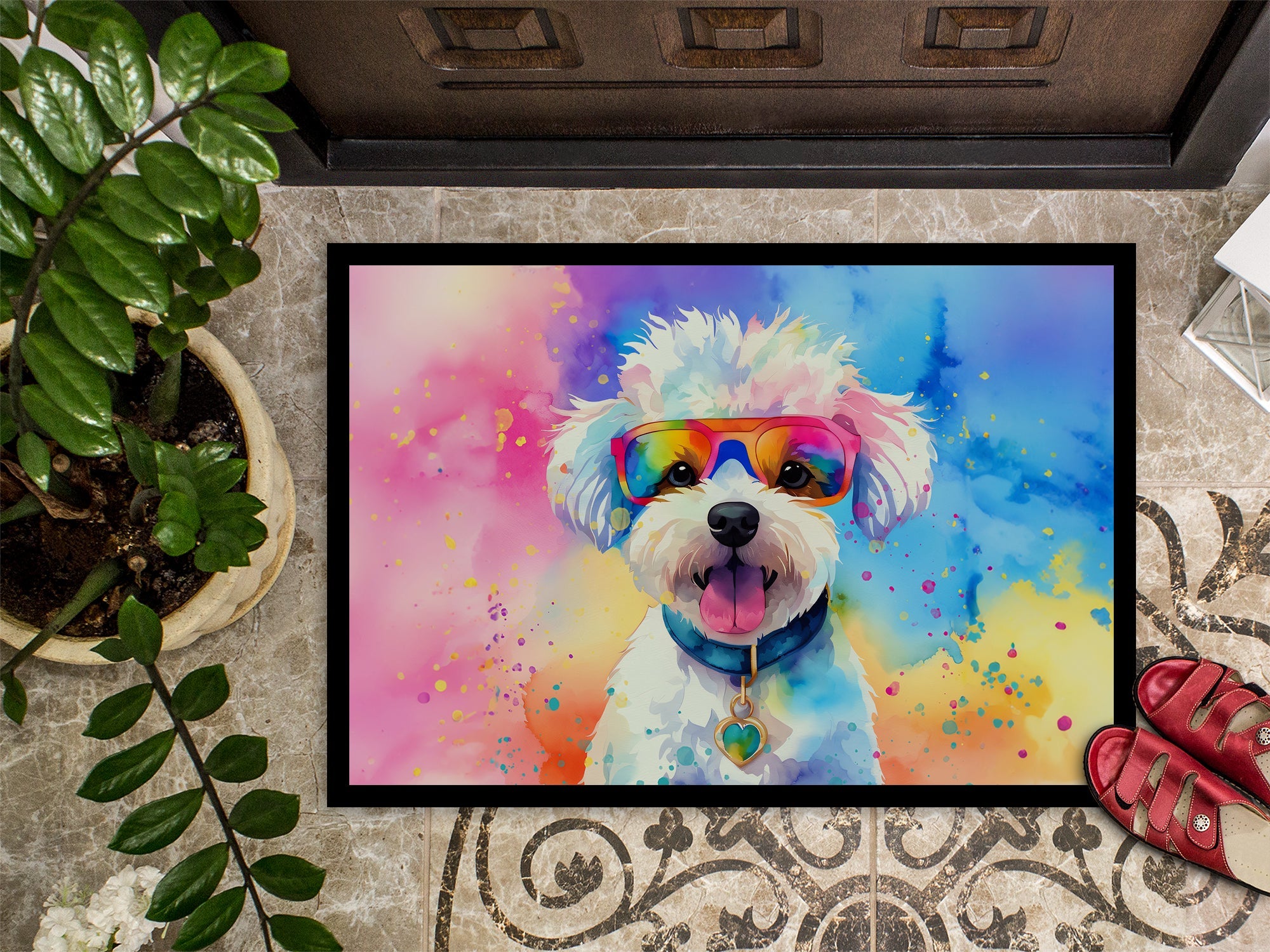 Bichon Frise Hippie Dawg Doormat Indoor Outdoor 24H X 36W Front Door Mat Rugs for Entryway, Non Slip Washable Low Pile,