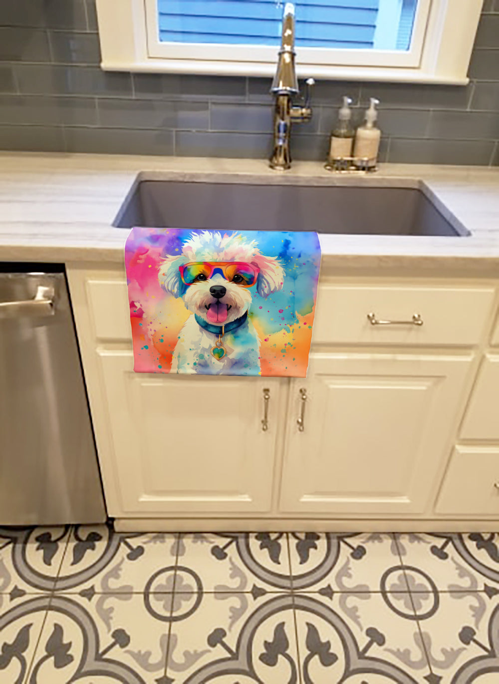 Bichon Frise Hippie Dawg Kitchen Towel Velour Plush Front and Cotton Loop Back Machine Washable