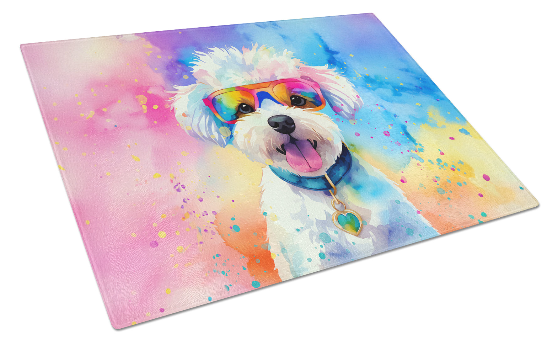 Bichon Frise Hippie Dawg Cutting Board Tempered Glass Kitchen Cutting Surface, Heat Resistant Chopping, Non-Slip Feet, Food Prep & Serving