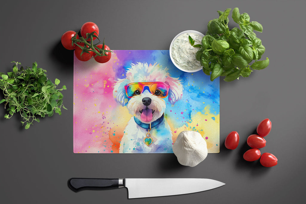 Bichon Frise Hippie Dawg Cutting Board Tempered Glass Kitchen Cutting Surface, Heat Resistant Chopping, Non-Slip Feet, Food Prep & Serving