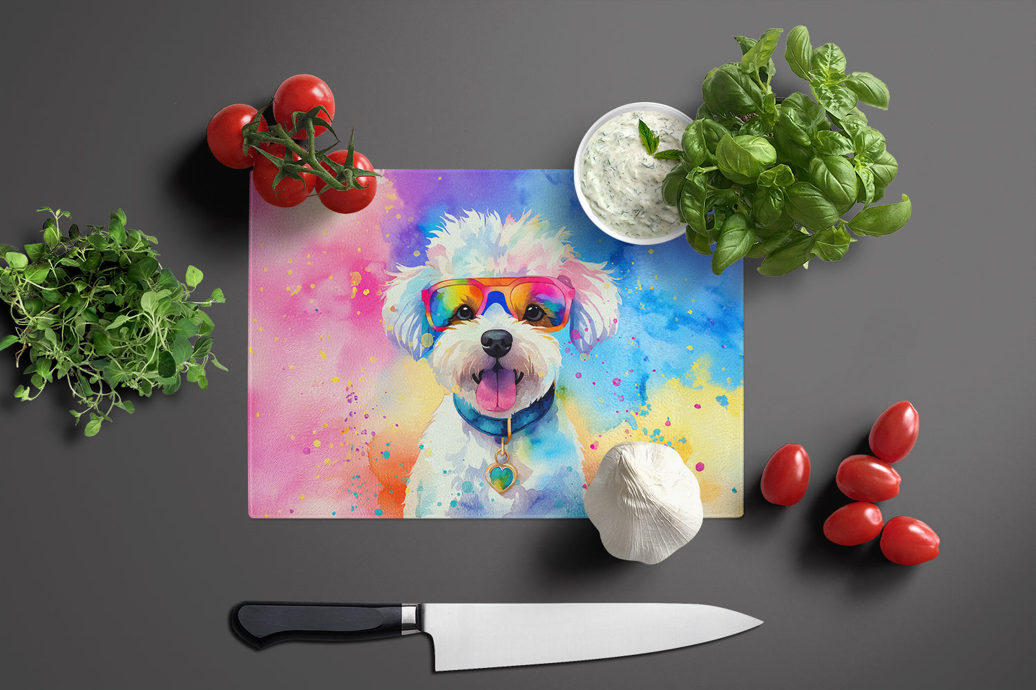 Bichon Frise Hippie Dawg Cutting Board Tempered Glass Kitchen Cutting Surface, Heat Resistant Chopping, Non-Slip Feet, Food Prep & Serving
