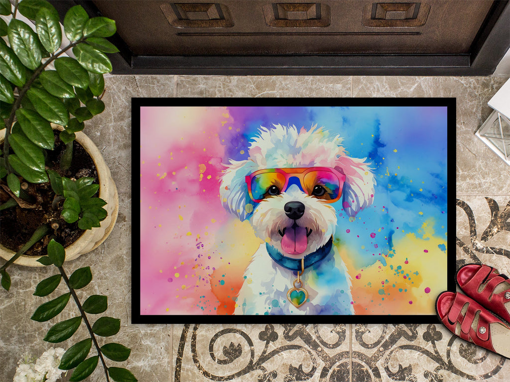 Bichon Frise Hippie Dawg Doormat Indoor Outdoor 18H X 27W Front Door Mat Rugs for Entryway, Non Slip Washable