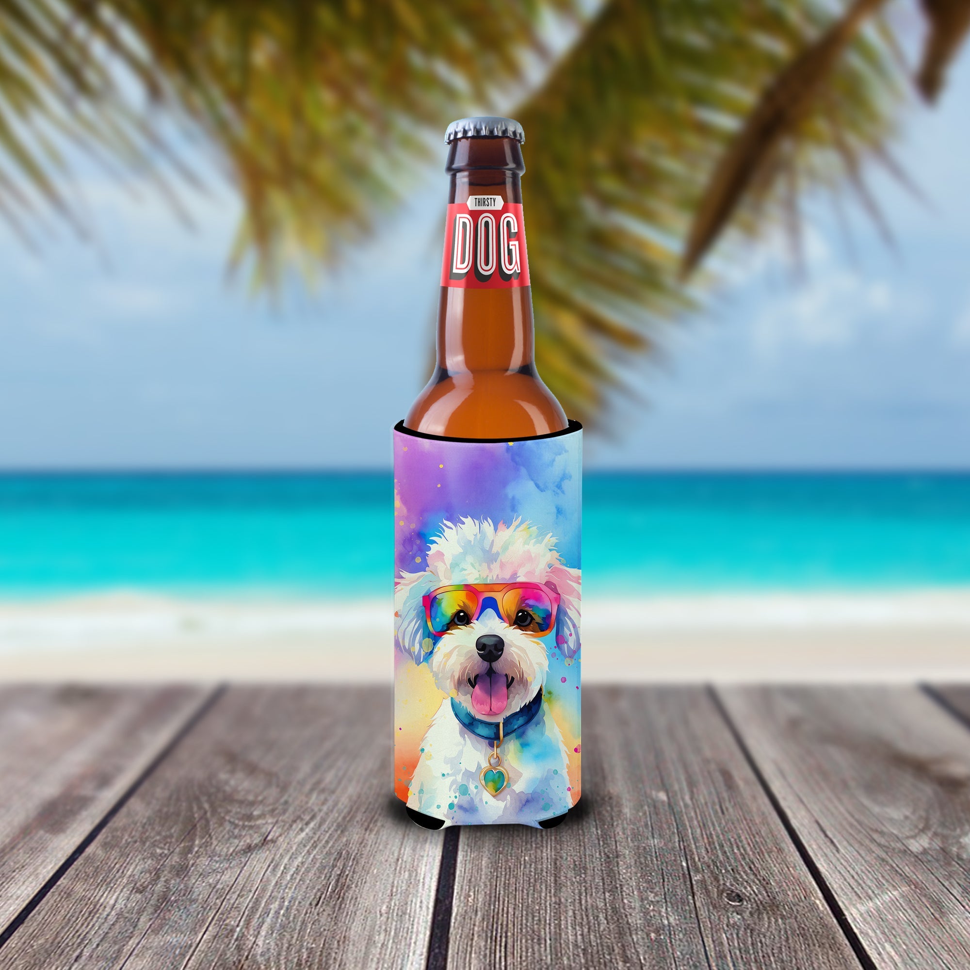 Bichon Frise Hippie Dawg Slim Can Hugger , Insulated Foam Hugger for 12 oz Slim Cans, Beer Bottles & Water Bottles, Printed in USA