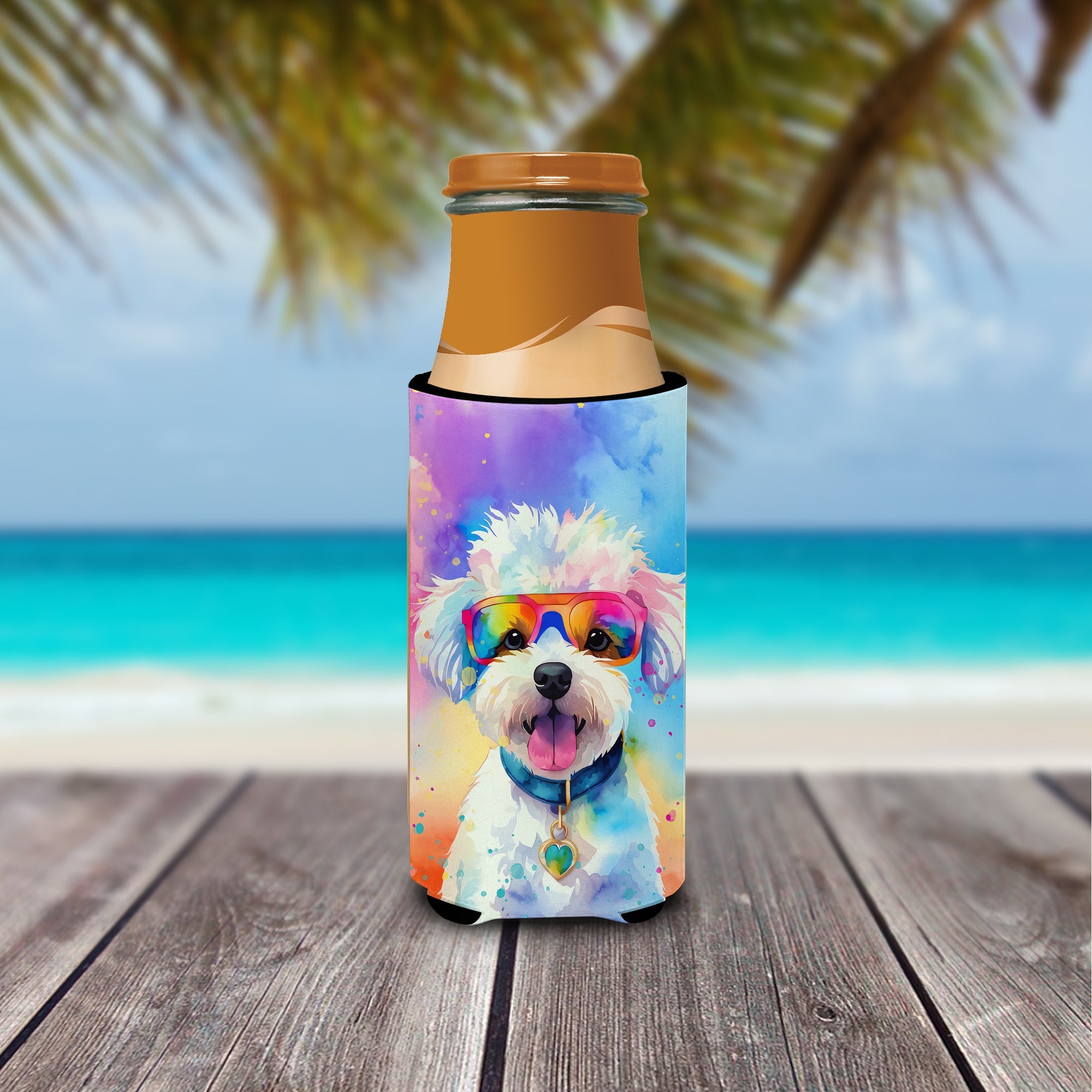 Bichon Frise Hippie Dawg Slim Can Hugger , Insulated Foam Hugger for 12 oz Slim Cans, Beer Bottles & Water Bottles, Printed in USA