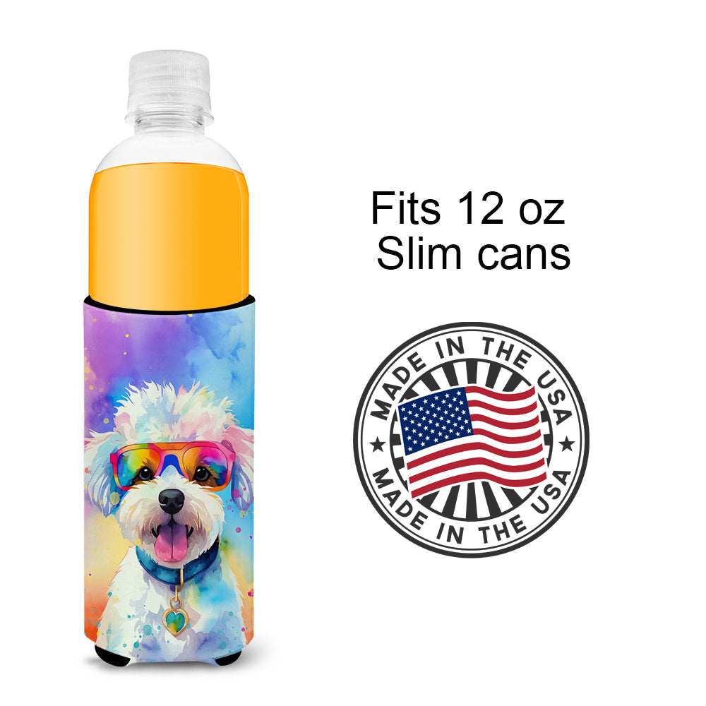 Bichon Frise Hippie Dawg Slim Can Hugger , Insulated Foam Hugger for 12 oz Slim Cans, Beer Bottles & Water Bottles, Printed in USA