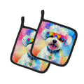 Bichon Frise Hippie Dawg Pot Holder Set of 2 Heat Resistant Quilted Hot Pads 7.5 x 7.5 Inch, Insulated Kitchen Trivets for Cooking & Baking