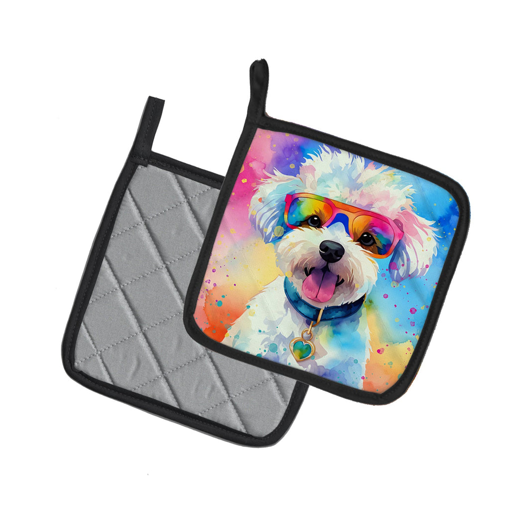 Bichon Frise Hippie Dawg Pot Holder Set of 2 Heat Resistant Quilted Hot Pads 7.5 x 7.5 Inch, Insulated Kitchen Trivets for Cooking & Baking