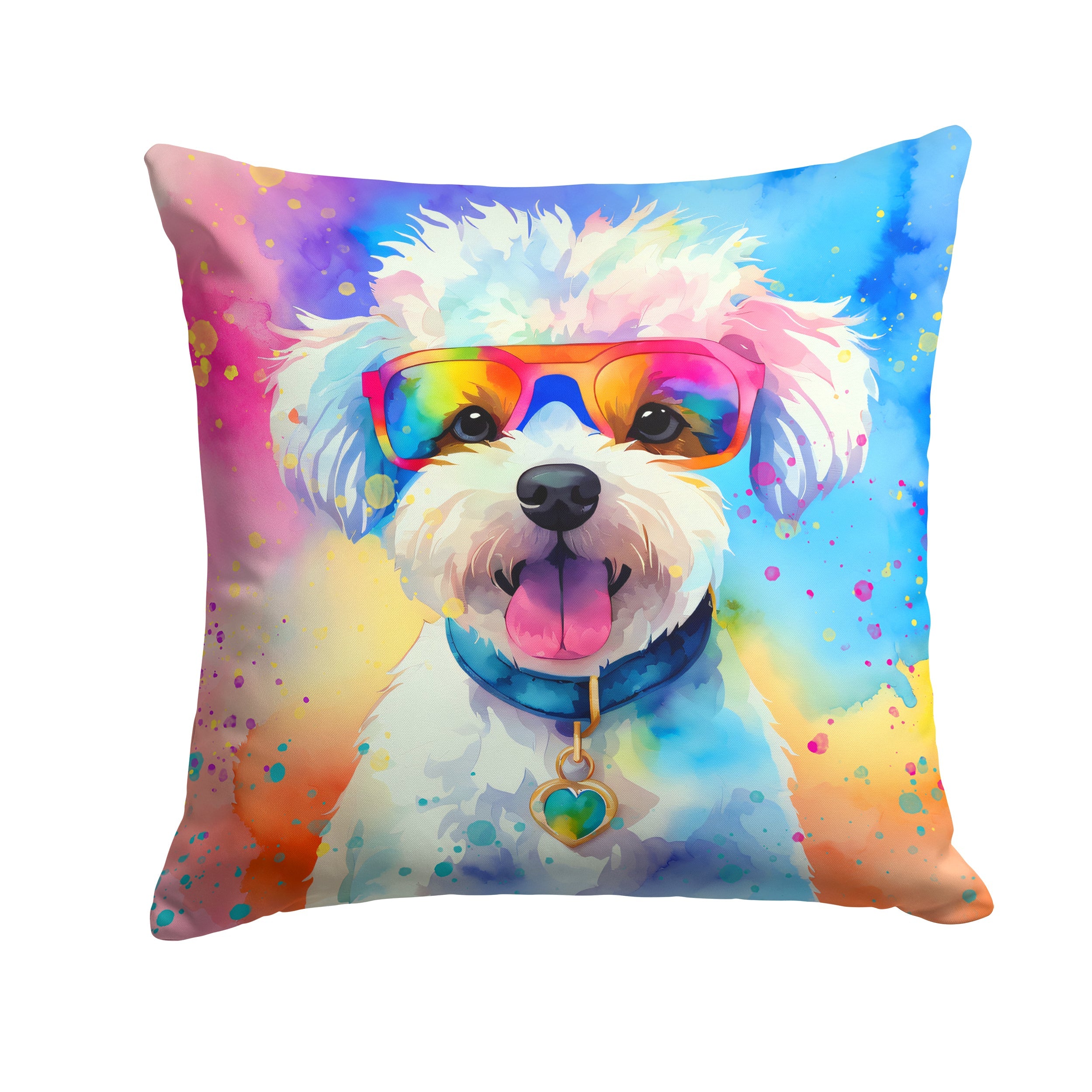 Bichon Frise Hippie Dawg Decorative Throw Pillow 14x14 Indoor Outdoor Accent Cushion, Fabric Cover with Insert for Sofa, Bed, Porch & Living Room