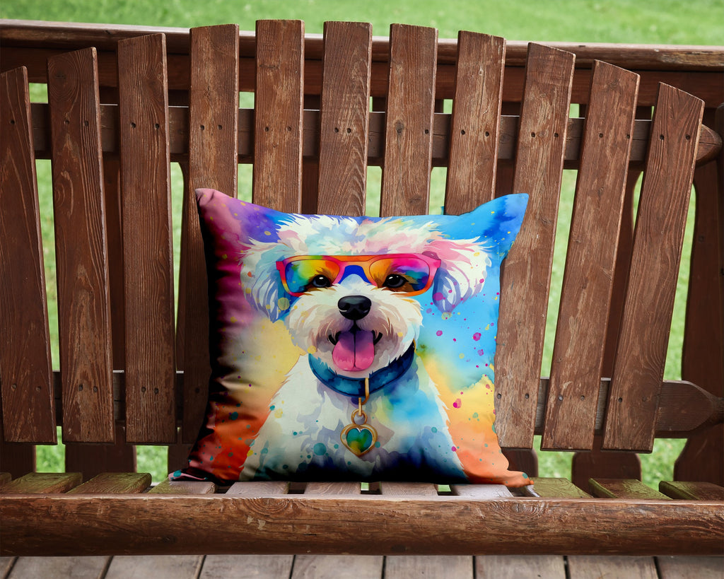 Bichon Frise Hippie Dawg Decorative Throw Pillow 14x14 Indoor Outdoor Accent Cushion, Fabric Cover with Insert for Sofa, Bed, Porch & Living Room