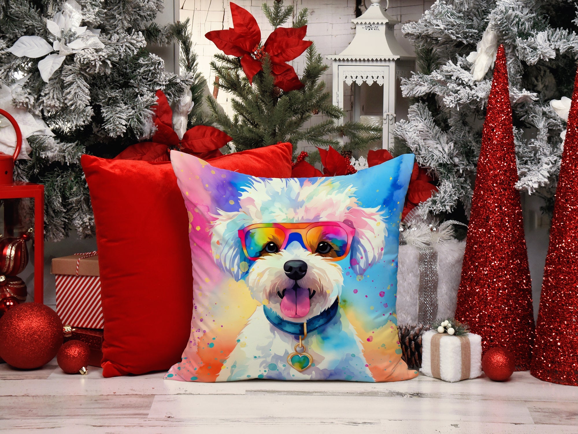 Bichon Frise Hippie Dawg Decorative Throw Pillow 18x18 Indoor Outdoor Accent Cushion, Fabric Cover with Insert for Sofa, Bed, Porch & Living Room