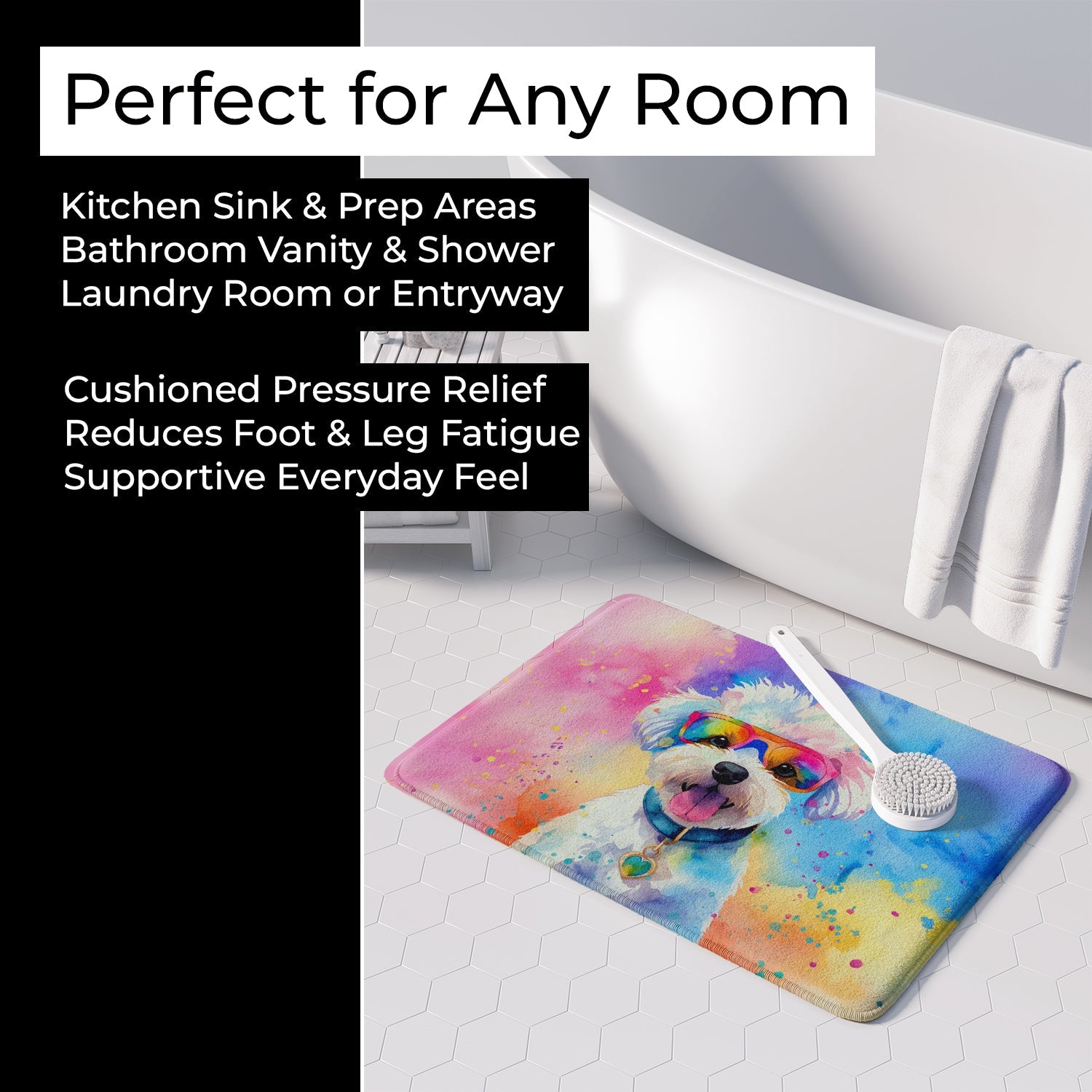 Bichon Frise Hippie Dawg Memory Foam Kitchen Mat Machine Washable Anti-Fatigue Cushion Comfort Bath or Kitchen Rug