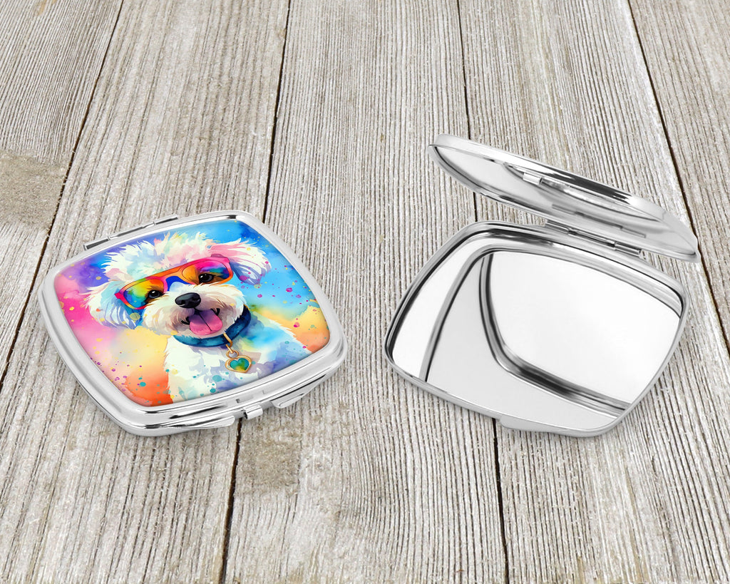 Bichon Frise Hippie Dawg Compact Mirror Decorative Travel Makeup Mirror for Women Girls Gifts Pocket Makeup Mirror Folding Handheld
