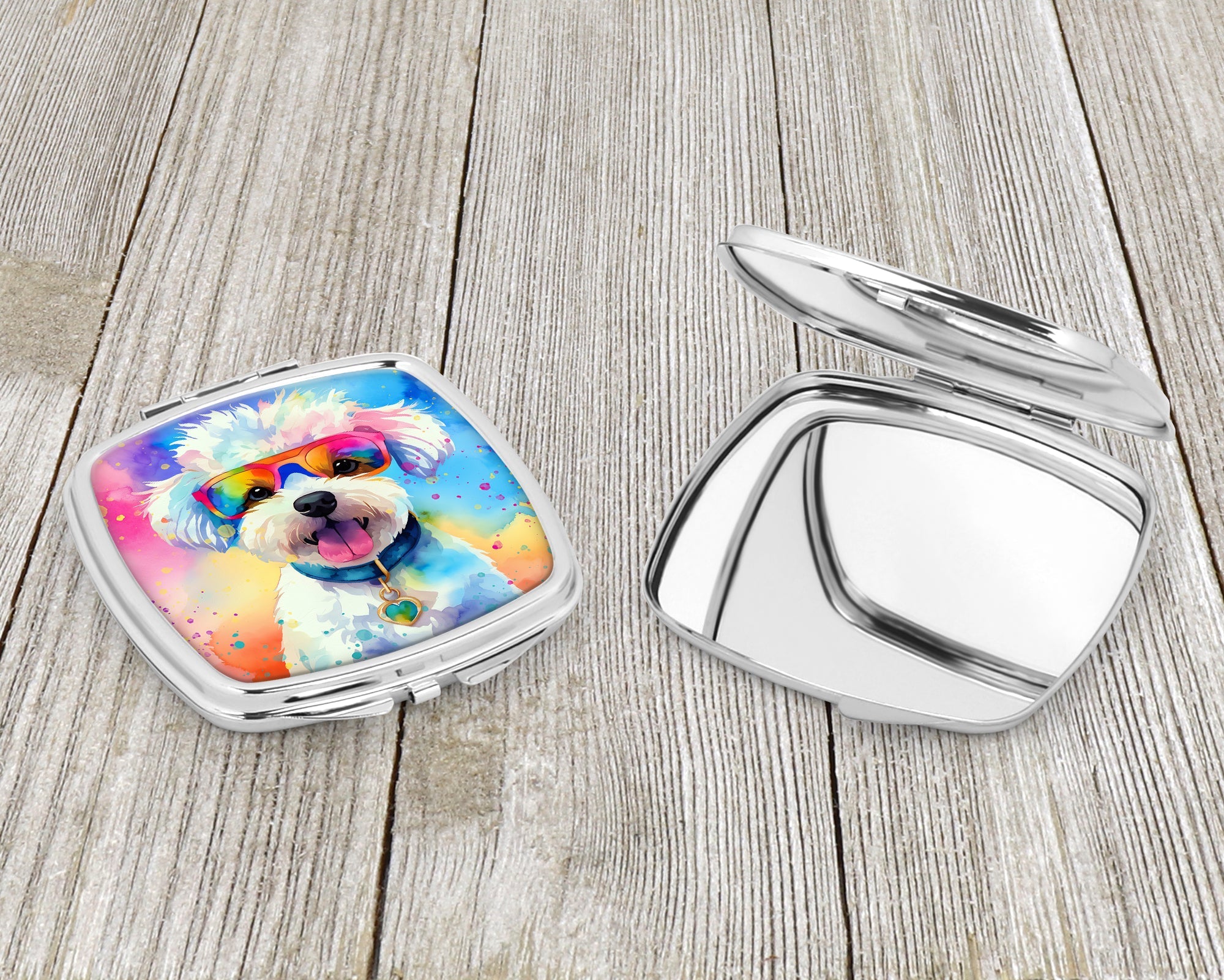 Bichon Frise Hippie Dawg Compact Mirror Decorative Travel Makeup Mirror for Women Girls Gifts Pocket Makeup Mirror Folding Handheld