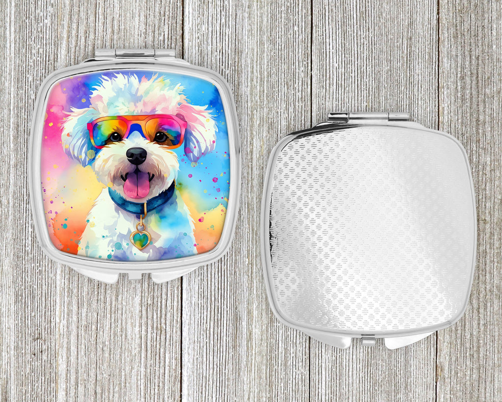 Bichon Frise Hippie Dawg Compact Mirror Decorative Travel Makeup Mirror for Women Girls Gifts Pocket Makeup Mirror Folding Handheld