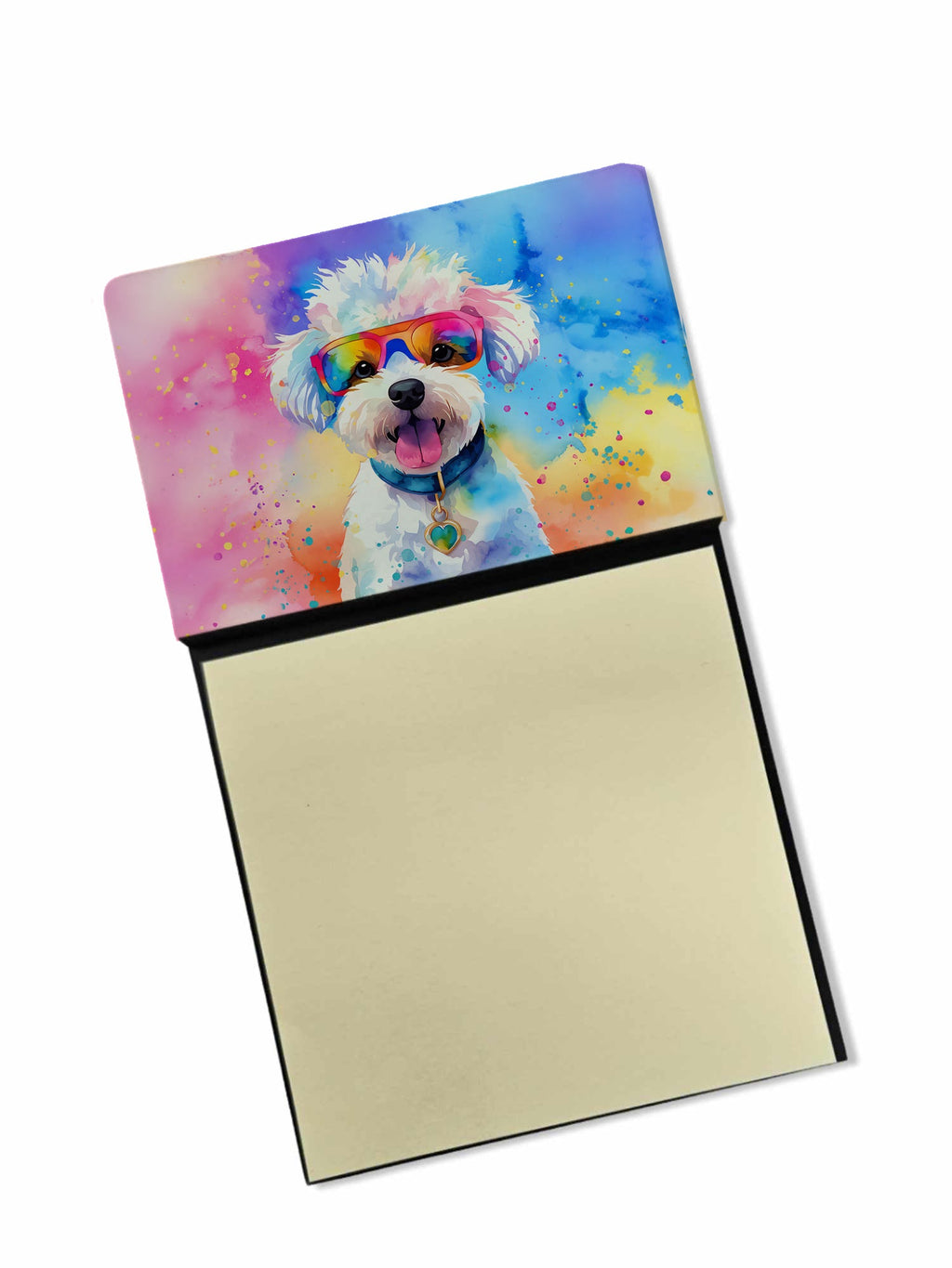 Bichon Frise Hippie Dawg Watercolor Sticky Note Holder Refillable Dispenser Desk Accessory 3x3 Pad Gift