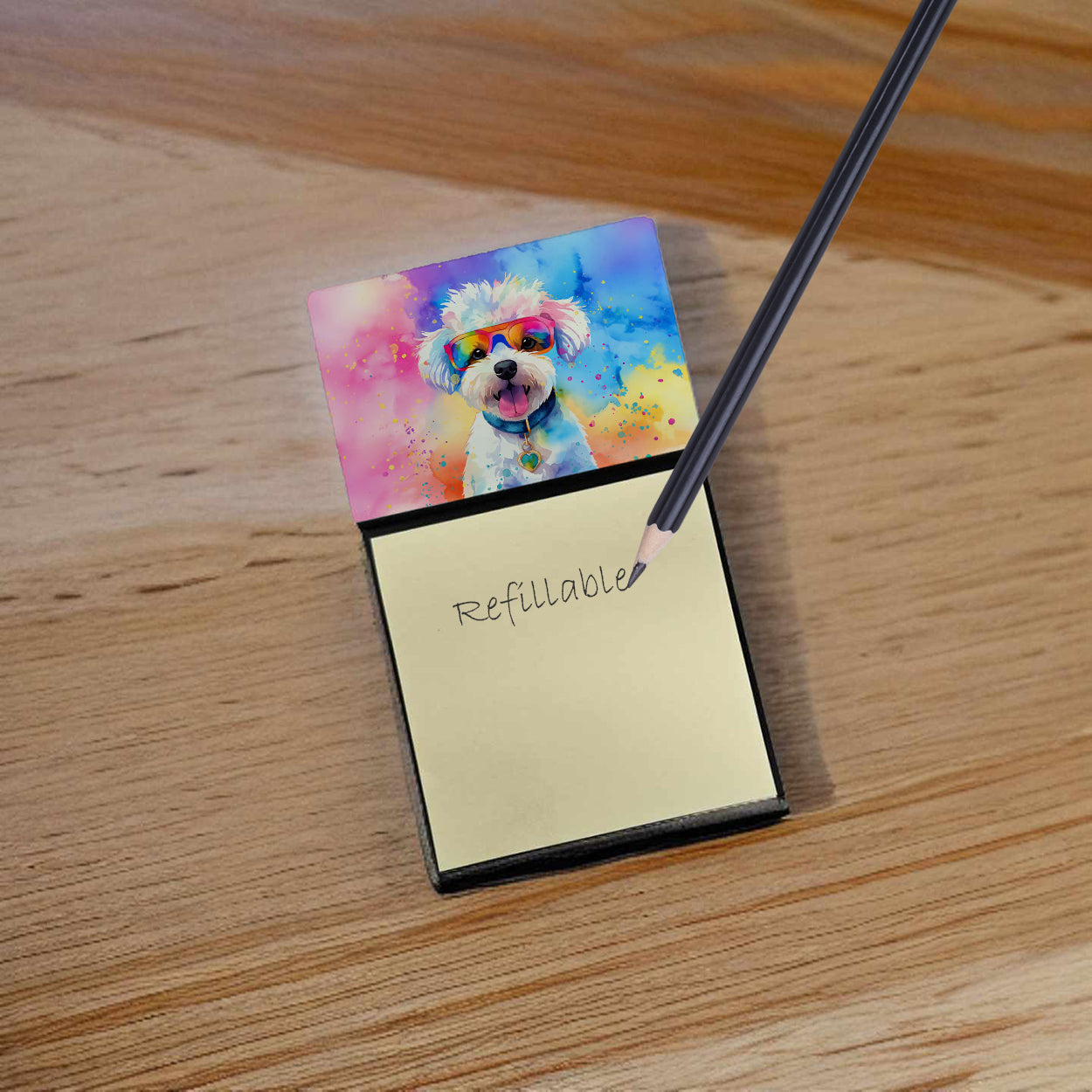 Bichon Frise Hippie Dawg Watercolor Sticky Note Holder Refillable Dispenser Desk Accessory 3x3 Pad Gift